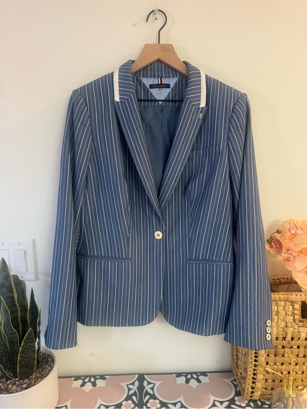 Striped Blue Blazer Jacket - Women's Tailored Coat